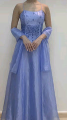 Chic A line Spaghetti Straps Blue Organza Evening Dress Long Prom Dresses P2364