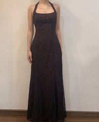 Pretty A line Halter Black Floor Length Evening Dress Tulle Prom Dresses P2386