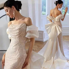 Sexy Mermaid Off The Shoulder Cap Sleeves Sequin Floor Length Pearls Prom Dresses P2398