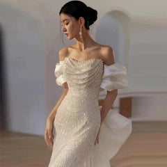 Sexy Mermaid Off The Shoulder Cap Sleeves Sequin Floor Length Pearls Prom Dresses P2398