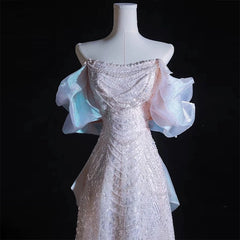 Modest A line Off The Shoulder Pink Sequin Long Floor Length Pearls Prom Dresses P2404