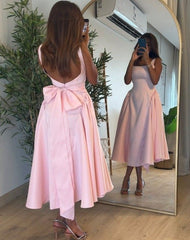 Cute A line Straps Pink Satin Tea Length Prom Dress With Bow P2416