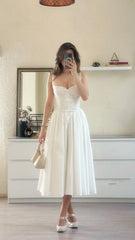 Cute A line Straps White Chiffon Tea Length Prom Dresses Summer Birthday Dress P2418