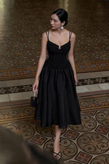 Simple A line Spaghetti Straps Black Satin Prom Dresses Birthday Outfits P2448