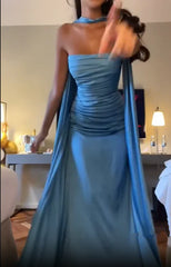 Simple A line Spaghetti Straps Blue Satin Prom Dresses Birthday Outfits P2450