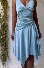 Simple A line V Neckline Blue Satin Prom Dresses Birthday Outfits P2453