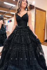 P1253 - Tiered Spaghetti Straps V-Neck Glitter Tulle Prom Evening Dress