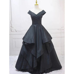Pretty Ball Gown Off The Shoulder Black Satin Prom Dresses Evening Dress P2460