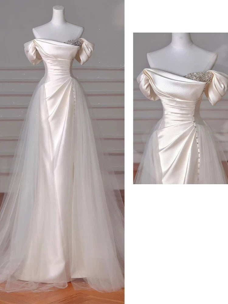 Vintage Sheath Off The Shoulder Satin Long Prom Dresses Party Evening Dress P2468
