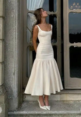 Vintage Mermaid Square Neckline White Ruffles Long Prom Dress Formal Dresses P2476