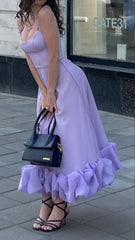 Vintage A line Spaghetti Straps Lilac Satin Evening Dress Ruffles Prom Dresses HZ1024