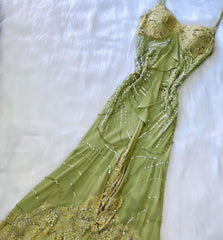 Vintage A Line Spaghetti Straps Green Long Lace Evening Dress Prom Dresses Birthday Outfits HZ1024