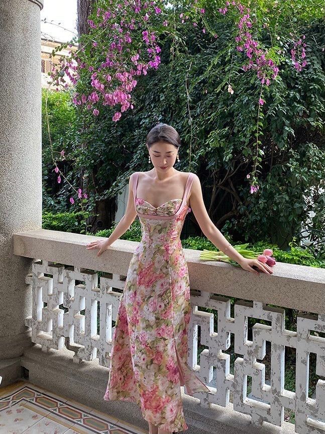 Vintage A Line Straps Floral Chiffon Slit Evening Dress Prom Dresses Birthday Outfits HZ1024