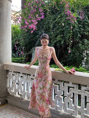 Vintage A Line Straps Floral Chiffon Slit Evening Dress Prom Dresses Birthday Outfits HZ1024