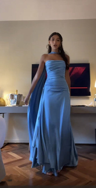 Vintage A line Strapless Blue Satin Evening Dress Prom Dresses Long Birthday Outfits HZ1024