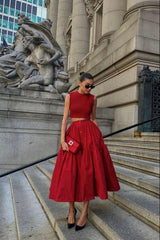 Simple 2 Pieces Red Satin Evening Dress Ankle Length Prom Dresses HZ1024