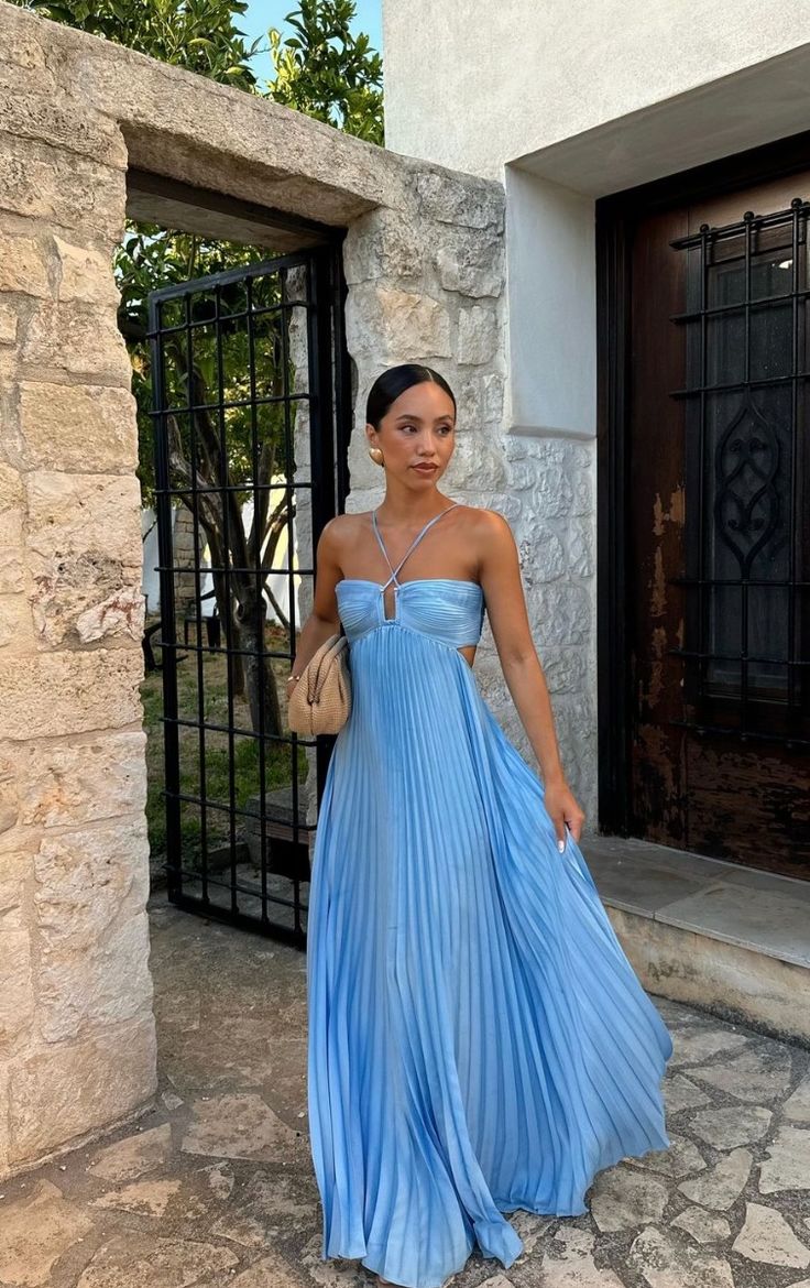 Simple A line Halter Blue Sleeveless Long Prom Dress Formal Evening Dresses HZ1024