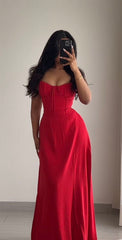 Simple A line Spaghetti Straps Red Sleeveless Long Prom Dress Formal Evening Dresses HZ1024