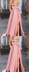 Unique Prom Dresses, dusty pink bridesmaid dresses,long satin bridesmaid dress P3242