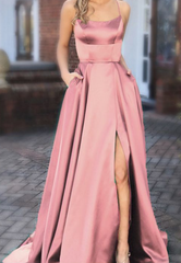 Unique Prom Dresses, dusty pink bridesmaid dresses,long satin bridesmaid dress P3242