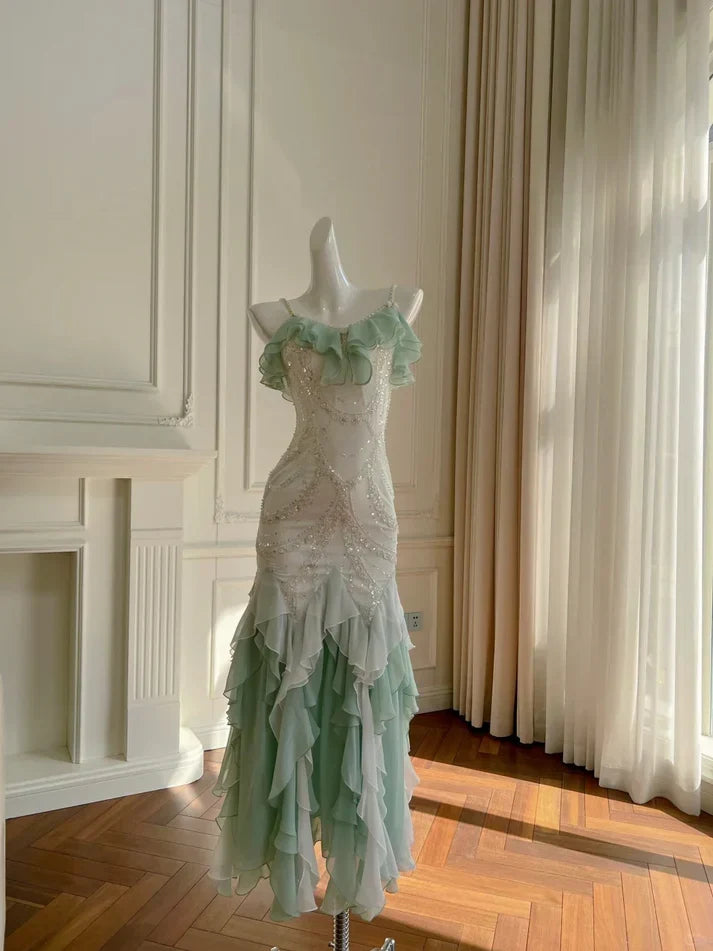 Gorgeous Shiny Beaded Spaghetti Strap Ruffles Chiffon Mermaid Prom Dress Evening Dress HZ1024