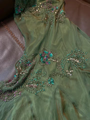 Gorgeous Green V-neck Glittering Beaded Spaghetti Strap Ruffles Chiffon A-Line Prom Dress Evening Dress HZ1024