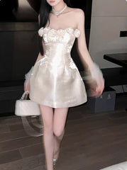 Retro Beige Sequin 3D Floral Strapless Design A-line Party Dress Homecoming Dress HZ1024