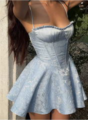 French Jacquard Texture Blue Strappy Waist 17th Birthday Cocktail Dress
