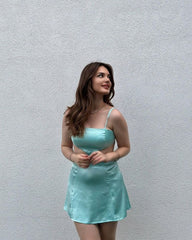 Mint Green Satin Mini Cocktail Dress Outfit Party Gown Short