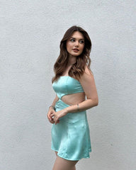 Mint Green Satin Mini Cocktail Dress Outfit Party Gown Short