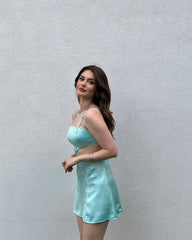 Mint Green Satin Mini Cocktail Dress Outfit Party Gown Short