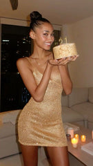 V Neck Gold Sequin Dress Short Graduation Cocktail Gown