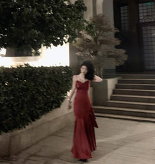 Stunning Mermaid Spaghetti Straps Long Wine Red Prom Dress Birthday Outfits P465