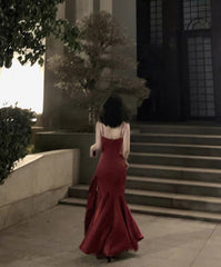 Stunning Mermaid Spaghetti Straps Long Wine Red Prom Dress Birthday Outfits P465