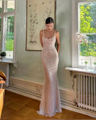 Elegant Pink Glittering Sequin Mermaid Spaghetti Strap Prom Dress Party Dress Evening Dress HZ1024
