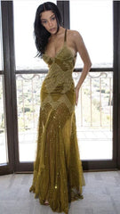 Vintage Beaded Applique High Slit Mermaid Long Prom Dress Party Dress Evening Dress HZ1024