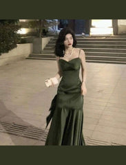 Sexy Mermaid Straps Green Party Dresses Satin Long Prom Dresses P708