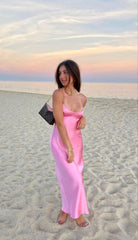 Simple A line Straps Sleeveless Party Dress Silk Satin Pink Prom Dress P845