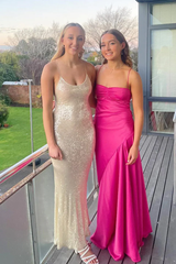 Sexy A line Straps Sleeveless Party Dress Hot Pink Side Slit Prom Dress P856