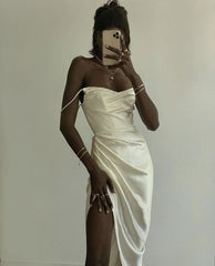 Sexy Long Prom Dress Satin Evening Dress Side Slit Prom Dresses P915