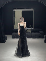 Mermaid Long Prom Dress New Sequin Sexy Black Slit Evening Dress P917