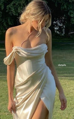 Sexy A line Sweetheart Party Dresses Ivory Slit Long Prom Dresses P936