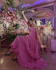 A line Spaghetti Straps Pink Tulle Long Prom Dress P975
