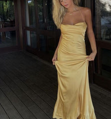 Sexy A line Halter Backless Yellow Long Prom Dress P978
