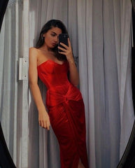 Sexy Sheath Strapless Red Slit Silk Satin Prom Dress P982
