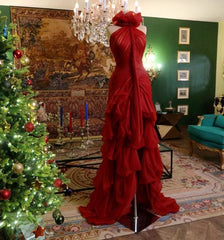 Modest High Low High Neckline Tulle Red Prom Dresses P993