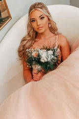 Bow Back Pink A-line Empire-Waist Sleeveless Tulle  Long Prom Dress