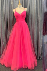 Hot Pink V-Neck Lace-Up Back Pleated A-line Tulle Empire-Waist Long Prom Dress