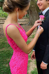 Trumpet Hot Pink V-Neck Lace Backless Sleeveless Long Prom Dress