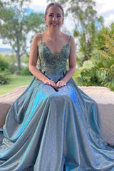 A-line Spaghetti Straps Empire-Waist Appliques Pleated Long Prom Dress